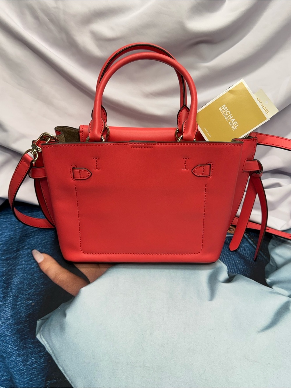 (new+tag) Michael Kors Leather Hamilton Legacy Dahlia Belted Red Pink Satchel - Picture 13 of 16